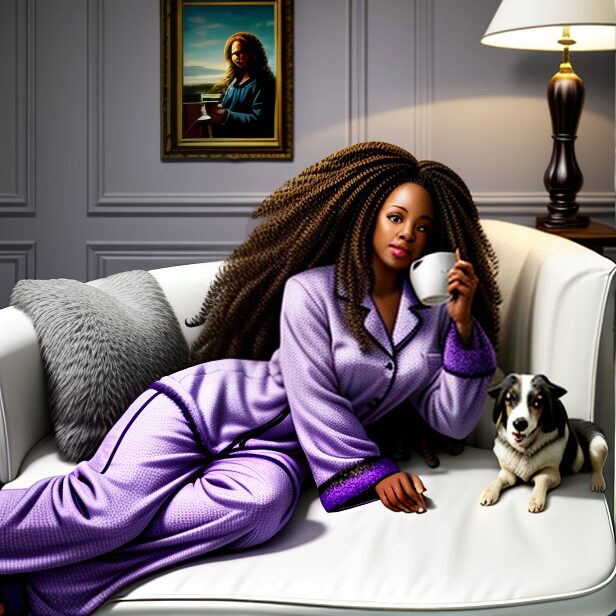 Lady lounging on the couch drinking a cup of coffee, with her dog next to her.